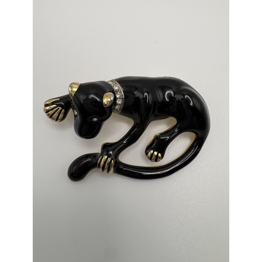 Vintage Black Enamel Panther Brooch Gold Tone Rhinestone Eyes Collar Pin